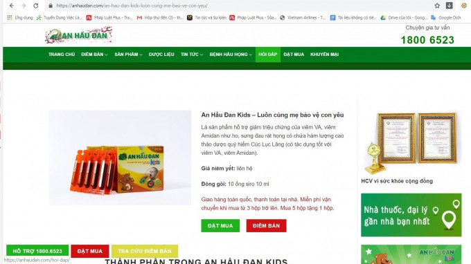 Sản phẩm An Hầu Đan Kids được rao bán trên website https://anhaudan.com. Ảnh chụp màn hình.